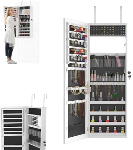LZQ Smyckesskåp med spegel, hängande spegelskåp, låsbart väggsmyckesskåp, 2-i-1, smyckesförvaring, dörrspegel, väggspegel, smyckesorganisatör, 107,5 x 36,5 x 9,5 cm, vit