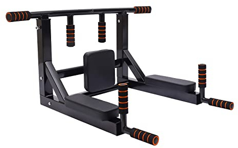 MEELRYD Station de dips pour fixation murale, barre de traction, appareil d'exercice multifonction, barre oscillante avec poignées en caoutchouc et dossier rembourré, appareil d'entraînement abdominal