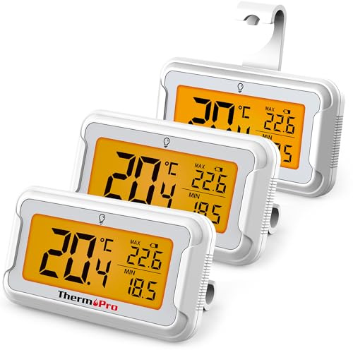 ThermoPro Termometro digitale per frigorifero, con grande display LCD e retroilluminazione, con registrazione max/min, con opzioni magnetiche e supporto, 3 pezzi