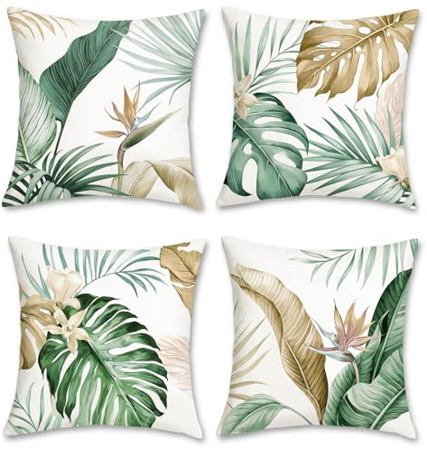 Bonhause Fundas Cojines Hojas Tropicales 40 x 40 cm Funda de Almohada Hoja Marrón Verde Terciopelo Suave Cojines Decorativos para Sofá Cama Hogar Patio Juego de 4