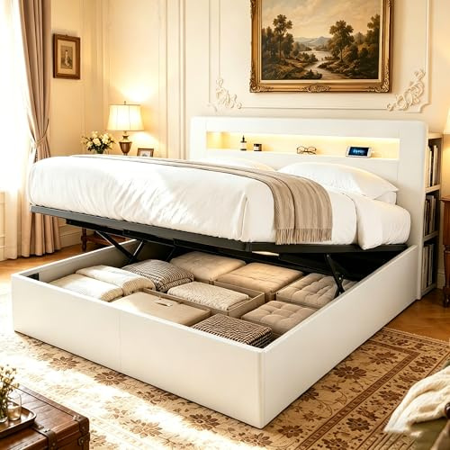 Ktipm Camas Matrimoniales Cama 180x200 cm con Enchufe y USB, Canape 180x200 con LED y Cabecero de Almacenaje, Cama Doble con Almacenamiento Hidráulico, Somier de Madera, Sin Colchón, Blanco