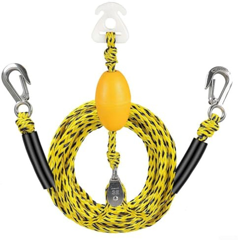 Cablaggio resistente per rimorchio, per tubi, corda da sci d'acqua da 4,5 m, con puleggia rotante a 360°, resistenza alla trazione di 2.177 kg, connettore a Y per wakeboard, galleggiante (giallo nero)