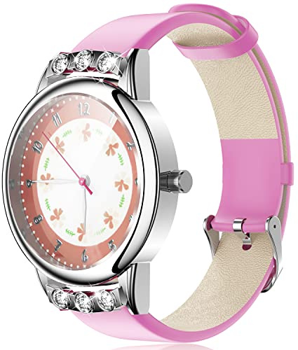 PASNEW Kids Girl Watches,Analogue Classic Quartz Children Watch Waterproof with Floral Dial Diamond Case Leather,Girls Watches Ages Over 3Y,Pink
