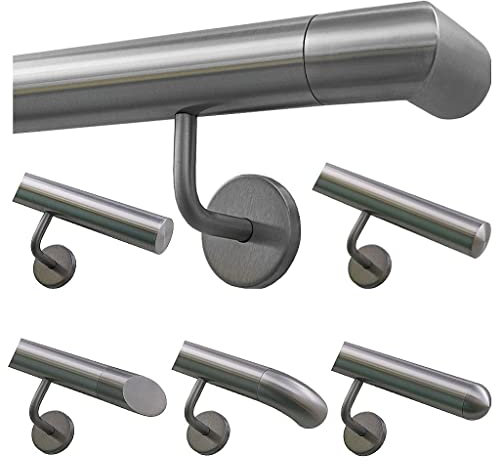 TIBU Handlauf Geländer Edelstahl Ø 42,4 mm - Länge 50 cm - Ende Ecke zur Wand und gewinkelte Halter - Rostfrei für Außen und Innen
