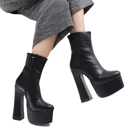 TIKENBST Tacchi Donna Tacchi Alti Stivali con Plateau da 15 Cm Stivaletti con Tacco Alto E Tacco Grosso Scarpe con Punta A Punta,Black-41