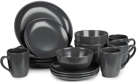 Dinnerware Set - Ceramic Amalfi Kitchen Dinner Sets (Charcoal, 16 Piece Dinner Set)
