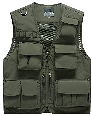 Gilet de Plein Air Multi-Poches Pour Hommes Gilet de Chasse Reporter Photographe Randonnée Travail Quotidien Outdoor Veste Sans Manches Veste de Sport Multi-Poches Gilets Extérieurs,Vert Armée,6XL