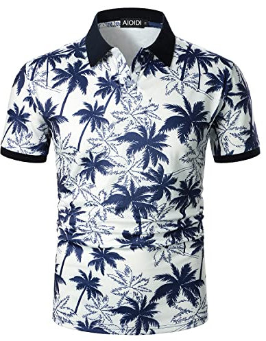 AIOIDI Men's Short Sleeve Polo Shirt Coconut Print Golf Tennis T-Shirt Blue XXL