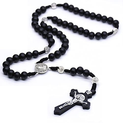 ZAGZIG Collier Croix Marron Noir Perles en Bois Faites à la Main Chapelet catholique pour Hommes Femme Christ prière Bijoux Religieux Cadeau