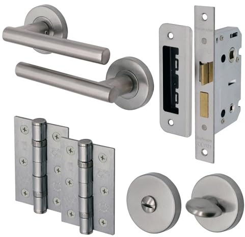 EAI Round Bathroom Lock Set - Satin Nickel | Thumb Turn & Release, Mortice Lock, Handles, & Hinges (102mm) | Office, Bedroom, Closet & Bathroom Lever on Rose | Universal, Lockable Interior Handles