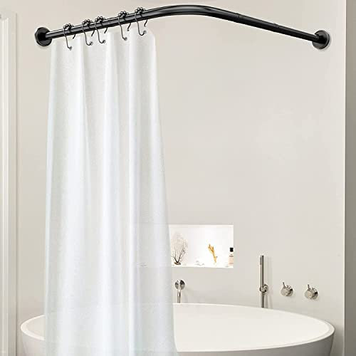 L Shaped Telescopic Curved Corner Shower Rail Black Shower Curtain Rod, Adjustable Curved Shower Rod Tension No Drilling L-shaped Curtain Rail Poles Extendable Rust Free for Corner of Bathroom(Size:70
