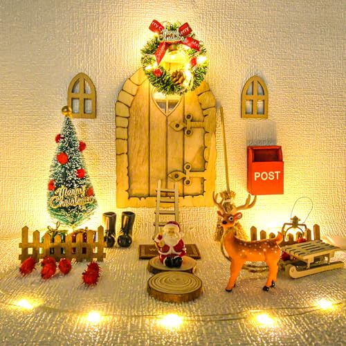 Wichteltür Set Wichtel Zubehör Weihnachten, 46Pcs Weihnachtswichtel Tür Komplettset mit Licht Weihnachtsdeko Elfentür, Holz Wichtel Tür Deko für Feentür Dänische Weihnachtsdeko für Advent, Weihnachten