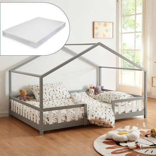 [en.casa] Letto per Cameretta Montessori Letto a Forma di Casetta con Barriera di Protezione per Bambini Struttura in Legno di Pino Materasso a Schiuma Fredda 140x200 cm Grigio Chiaro/Bianco