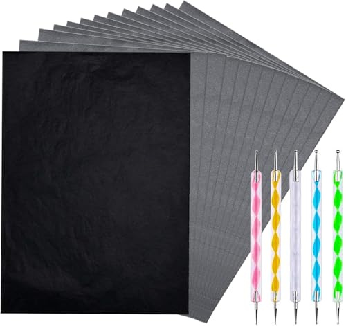 KARELLS 100 Blatt Pauspapier, Schwarzes Kohlepapier Transferpapier, A4 Abpauspapier, Pauspapier A4, Kohlepapier Schwarz, Transferpapier, für Holz Papier Leinwand Tattoo mit 5 Pcs Prägestift