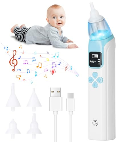 URAQT Nasal Aspirator Baby, Electric Baby Nose Sucker with 4 Silicone Tips Nose, Rechargeable Automatic Baby Nose Cleaner for 3 Suction Levels, Toddlers Anti-Backflow Sucker with Music and Light, Blue