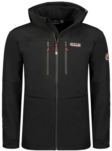 Geographical Norway Timmexama Men - Veste Softshell Capuche Homme Impermeable - Manteau Outdoor Blouson Coupe Vent Tactique Resistant - Randonnee Ski Automne Hiver Printemps (Noir L)