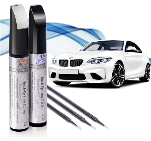 Asturcolor Réparateur de rayures pour voiture, stylo de retouche pour voiture, stylo de réparation, stylo de réparation, 2 pièces de peinture de retouche BMW (300 blanc alpin) avec base + laque.