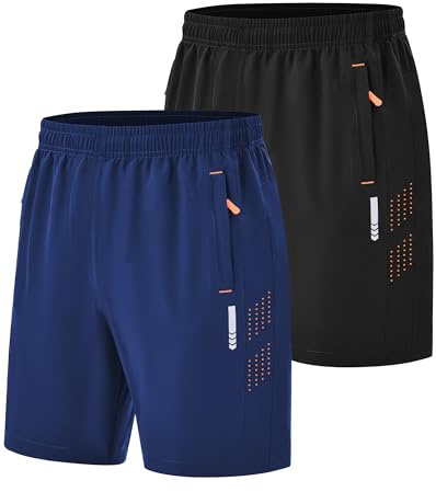 Zoofly 2er Pack Shorts de Sport pour Hommes Shorts de Gym Running Respirant Sec Rapide avec Poches à Fermeture Éclaire Noir+Bleu Marine Taille Élastique Bande Réfléchissante XL