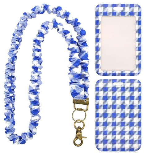 Portatarjetas de identificación con cordón, cordón tipo scrunchie para mujer, estampado de cuadros azules, retráctil libremente, funda flexible para tarjeta de identificación, adecuada para maestras