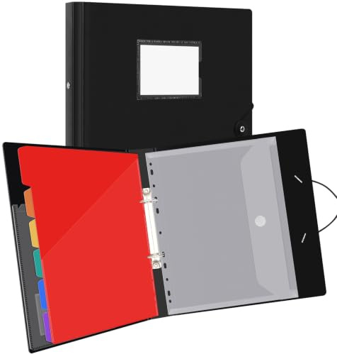 Uquelic Classeur à anneaux A4 avec 6 poches perforées (couleur arc-en-ciel) et 1 pochette à bouton-pression – Dossiers pour documents A4, organiseur de dossiers pour la maison et le bureau – Noir