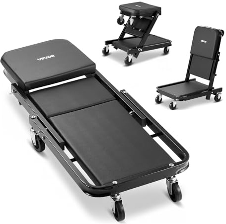 VEVOR Camilla Mecánica Taburete para Taller Plegable 101,5 cm con 6 Ruedas, Forma en Z, Carga Máxima de 218 kg, Marco de Acero al Carbono, Superficie de Cuero Sintético, para Reparación de Automóvil