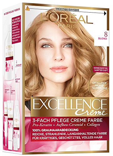 L'Oréal Paris Permanente Haarfarbe, 100 Prozent Grauhaarabdeckung, Haarfärbeset mit Coloration, Shampoo und 3-Fach Pflege Creme Farbe, Excellence Crème 8 Blond