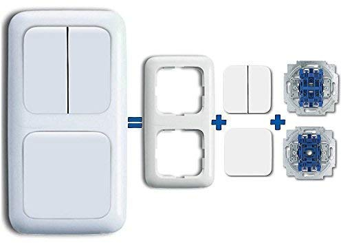 Busch-Jaeger (Original) Komplettset 2 fach Lichtschalter bestehend aus Doppel-Wippschalter Serienschaltung 2000/5 US + Wechselschalter 2000/6 US inkl. 2 fach Rahmen - alpinweiß - Reflex SI
