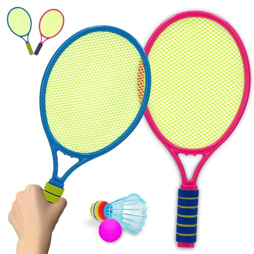 Koolbitz Children Tennis Set 2 Rackets with Ball and Shuttlecock Kids Badminton Soft Foam Grip For Summer Indoor & Outdoor Play Fun Activity Sports Play Garden For Age 3+ Above