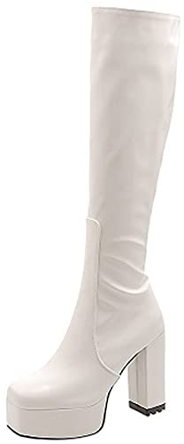 CUTEHEELS Stivali casual plateau alti al ginocchio con tacco grosso e punta quadrata per donna alla moda, bianco, 38 EU