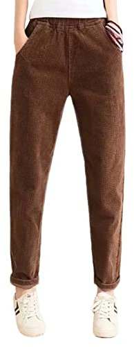 Himifashion Pantalon chaud décontracté en velours côtelé pour femme - Taille élastique - pour l’automne et l’hiver, marron, L