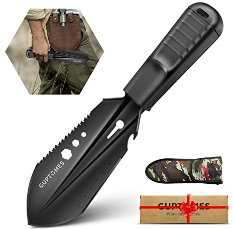 GUPTOMES Pala de Camping 8 en 1, Multiherramienta de Acero Inoxidable, para Camping, Accesorios, Antideslizante, Pala de jardín, Pala Militar, Senderismo, Pala de Supervivencia, Pala para Exteriores
