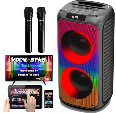 Vocal-Star Máquina de karaoke portátil con Bluetooth, 2 micrófonos, altavoz de 100 W, 6 deslumbrantes efectos de luces LED de altavoz completo, graba voces, TWS, AUX, recargable