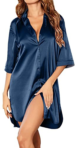 JFAN Chemises de Nuit Femme Satin Nuisette Court Col V Manches 3/4 Boutonnée Devant Pyjama Lâche Solide Chemise de Robe Vêtements de Nuit Marine Grand
