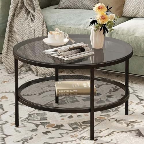 Yusong Round Glass Coffee Tables for Living Room, 2-Tier Circle Coffee Table with Storage, 26 Modern Center Accent Table with Light Black Glass, Small End Table for Small Space, Bedroom