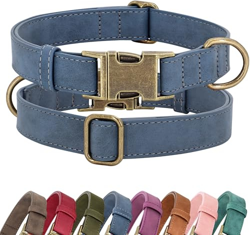 Didog Soft PU Leather Dog Collar, Stylish Quick Released Dog Collars for Small Dogs, Easy Clean Adjustable Pet Collar for Daily Walking, Blue, S Fit 10-15 Neck