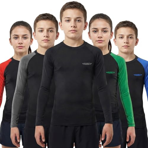 Exxact Sports Kids BJJ Rash Guard Long Sleeve, Ranked No Gi Jiu Jitsu Compression Shirt for Boys & Girls for MMA, Wrestling - (Black, YM)
