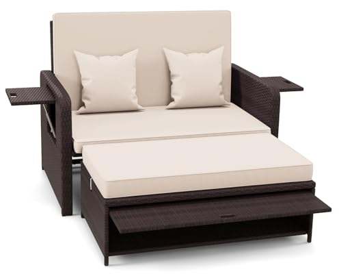 LIFEZEAL Polyrattan Tagesbett Sonnenliege, Doppelliege mit Ottomane & Kissen für 2 Personen, 2-Sitzer Gartensofa mit 4-stufig Verstellbarer Rückenlehne, Lounge mit Seitentisch, bis zu 360kg