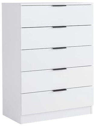 Home Source Phoenix Tall 5 Drawer Chest of Drawers, White – Contemporary Storage Cabinet – Smooth Metal Runners & Bar Handles – 63Wx35Dx90H cm