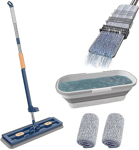 Pure Clean Magic Mop, grande mocio piatto con funzione strizzante e cuscinetti in microfibra riutilizzabili, Pure Clean per lavare i pavimenti (secchio pieghevole per mocio, blu)