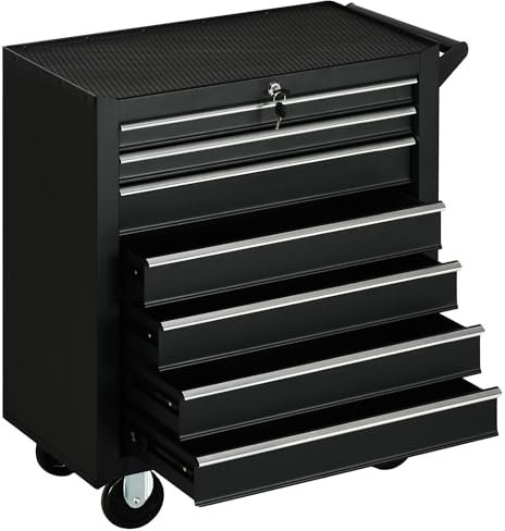 DURHAND 7-Drawer Rolling Tool Chest on Wheels, Lockable Tool Cabinet with Side Handle, Metal Tool Box Trolley for Garage, Workshop, Matte Black