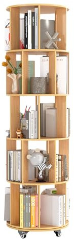 Suuiwau Drehbares Bücherregal mit 360° Rotation & 4 Rollen | 5-stöckiges Bücherregal | Platzsparendes Eckregal für Schlafzimmer, Wohnzimmer, Büro | Holzfarbe | Stabil & Mobil