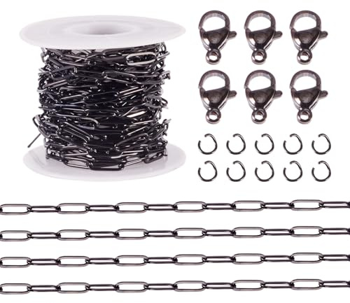 FASHEWELRY 5 M svarta pappersklippkedjor i rostfritt stål, oval länk, lödda med bindringar, hummerlås, för gör-det-själv-armband, halsband, fotlänk, smyckestillverkning, kit 12 x 4 x 1 mm