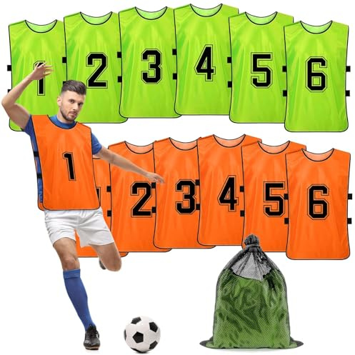 Chasubles de Football Adulte – Lot de 12 Gilets d’Entraînement Réversibles Numérotés pour Matchs et Sports d’Équipe – Maillots Respirants pour Foot, Basket, Volley – Vert/Orange