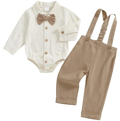 Himllauen Infant Baby Boy Autumn Gentleman Set Toddler Long Sleeve Lapel Neck Shirt Romper with Button-up Bow Tie Pants 2 Piece Newborn Boy Winter Outfits (Khaki A, 9-12 Months)