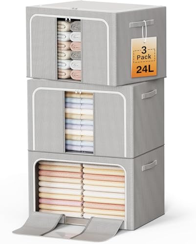 LeArex Clothes Storage Bins with Metal Frame Foldable Storage Box Clothes Organizers Storage Containers for Clothes Sheets Blankets Books Toys Gifts and Holiday Decorations (24Lx3 Pack)