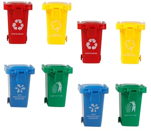 WEKAMOS Lot de 8 Petites Poubelles Jouets en Plastique Couvercle Basculant, Mini Poubelles à Pousser pour Garçon et Filles, Jeu Éducatif de Tri des Déchets, Éveil et Activité Sensorielle