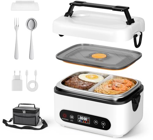 Scaldavivande Elettrico, 1.2L Scatola a pranzo Intelligente Riscaldante con Schermo Tattile, Scatola a Pranzo Riscaldante Senza Filo con Piatto in Acciaio Inossidabile e Sacco Isotermico