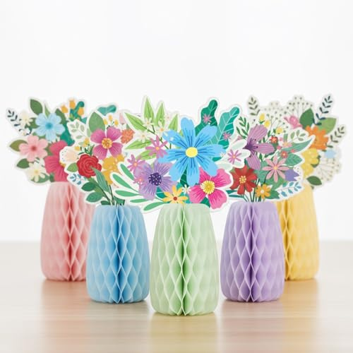 SMZhomeone Confezione da 5 vasi di carta colorati a nido d'ape con parte superiore floreale disegnata a mano, per decorazioni primaverili ed estive, centrotavola per feste, matrimoni, riunioni in