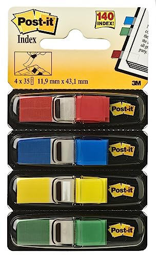 Post-it Index Flags schmal, Packung mit 4 Spendern, 35 Blatt pro Spender, 11, 9 mm x 43, 2 mm, Gelb, Rot, Grün, Blau - Zum Markieren, Hervorheben oder Farbcodieren wichtiger Informationen