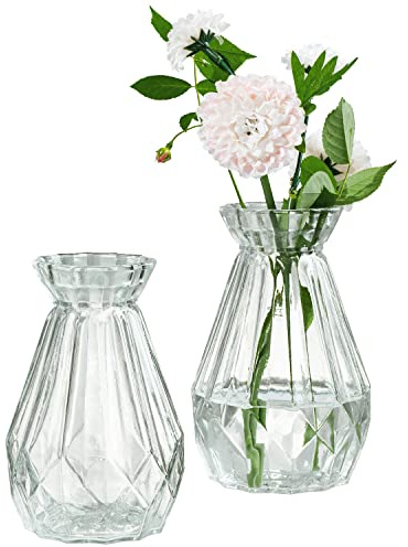 MyGift Small Glass Bud Vase, 5 Inch Decorative Flower Vases, Mini Vintage Style Centerpiece Vases with Diamond Faceted Design, Set of 2